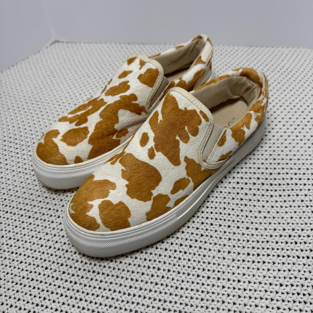 Coconuts by Matisse Brown and White Cow Print Calf Fur Sneakers